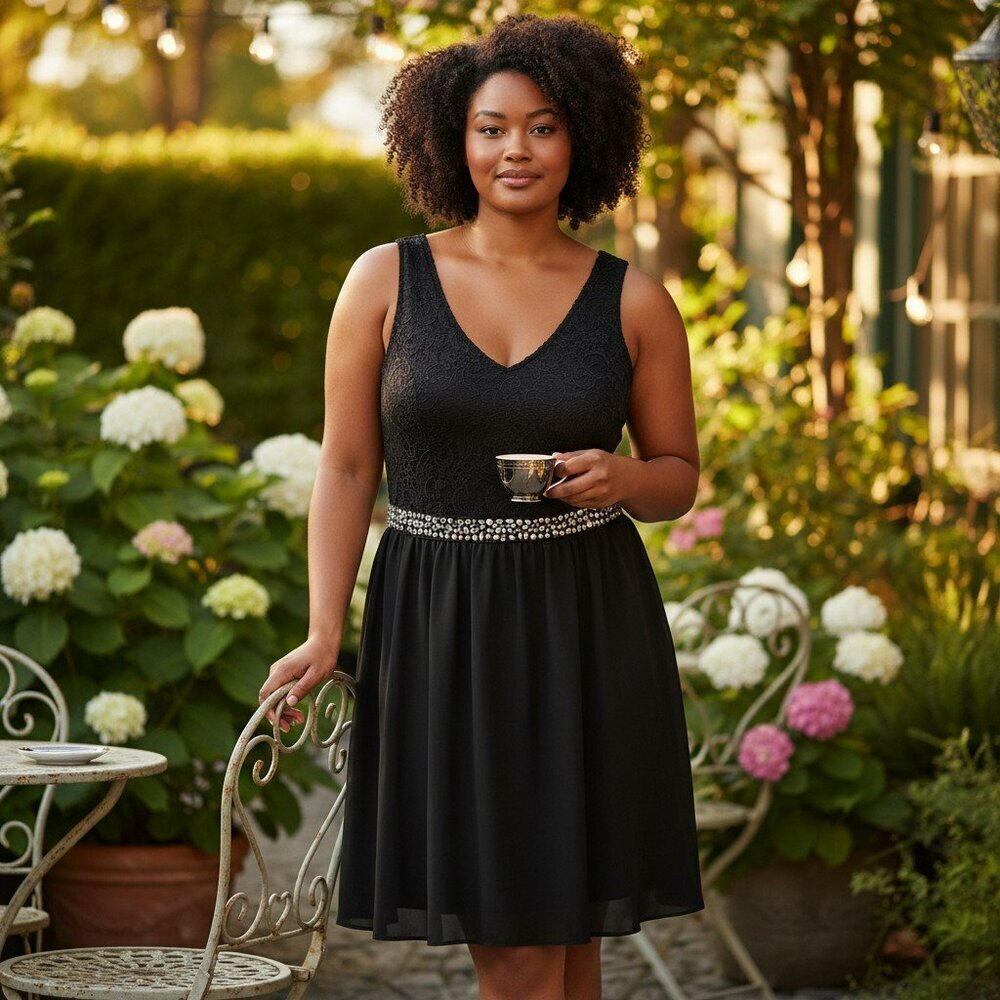 New Ashley Stewart Size 26 Black Floral Lace Fit Flare Sleeveless Dress